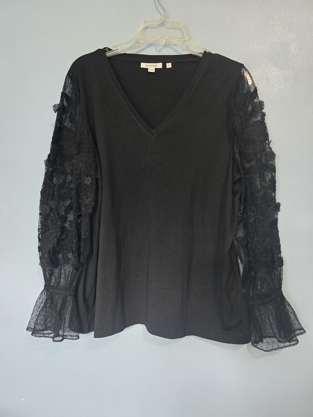 Chico's Womens Poet Lace Sleeve Black Top L